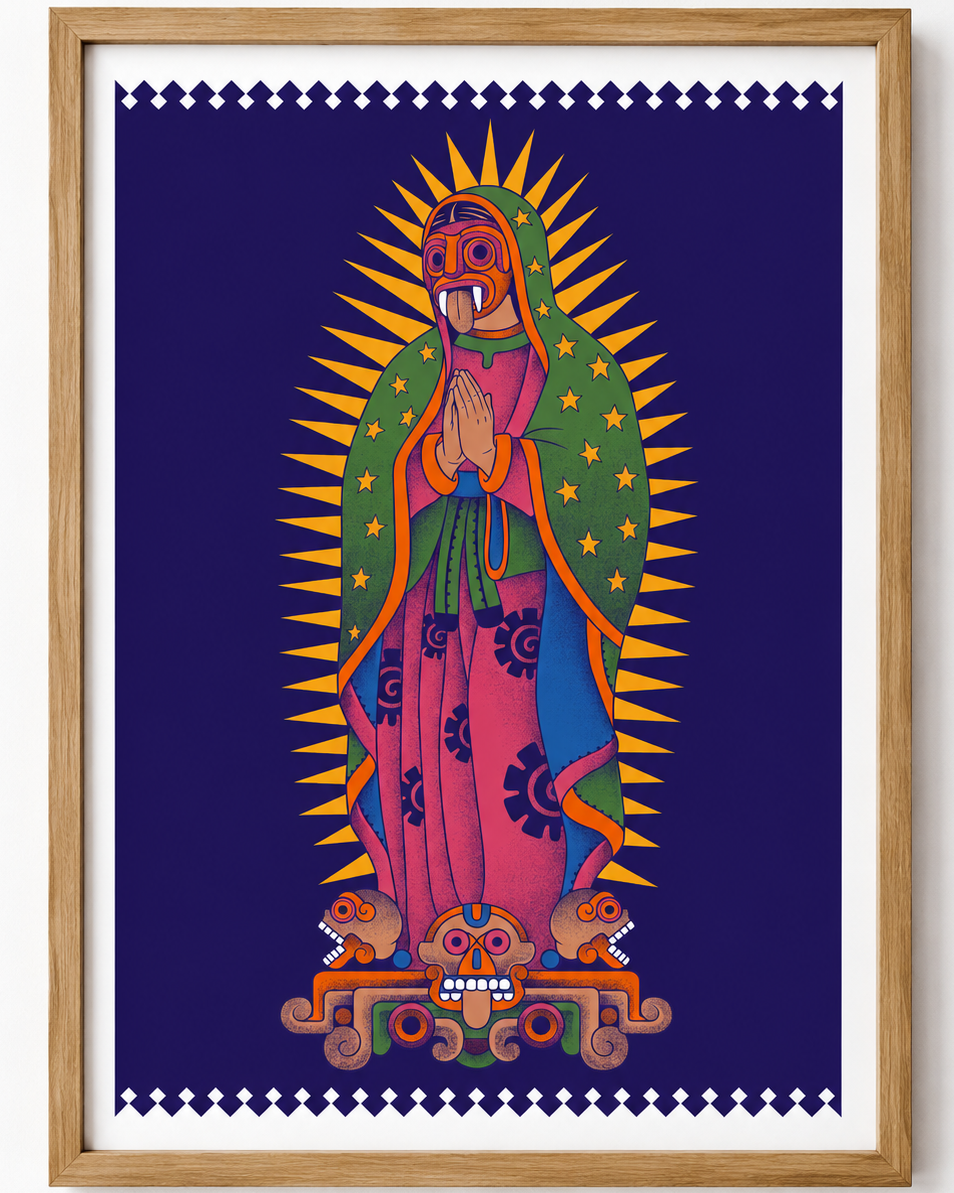 Framed art print of Our Lady of Guadalupe in a folk art style, featuring a dark navy blue background, a green cloak with gold stars, and a pink dress, enclosed in a light wood frame.
